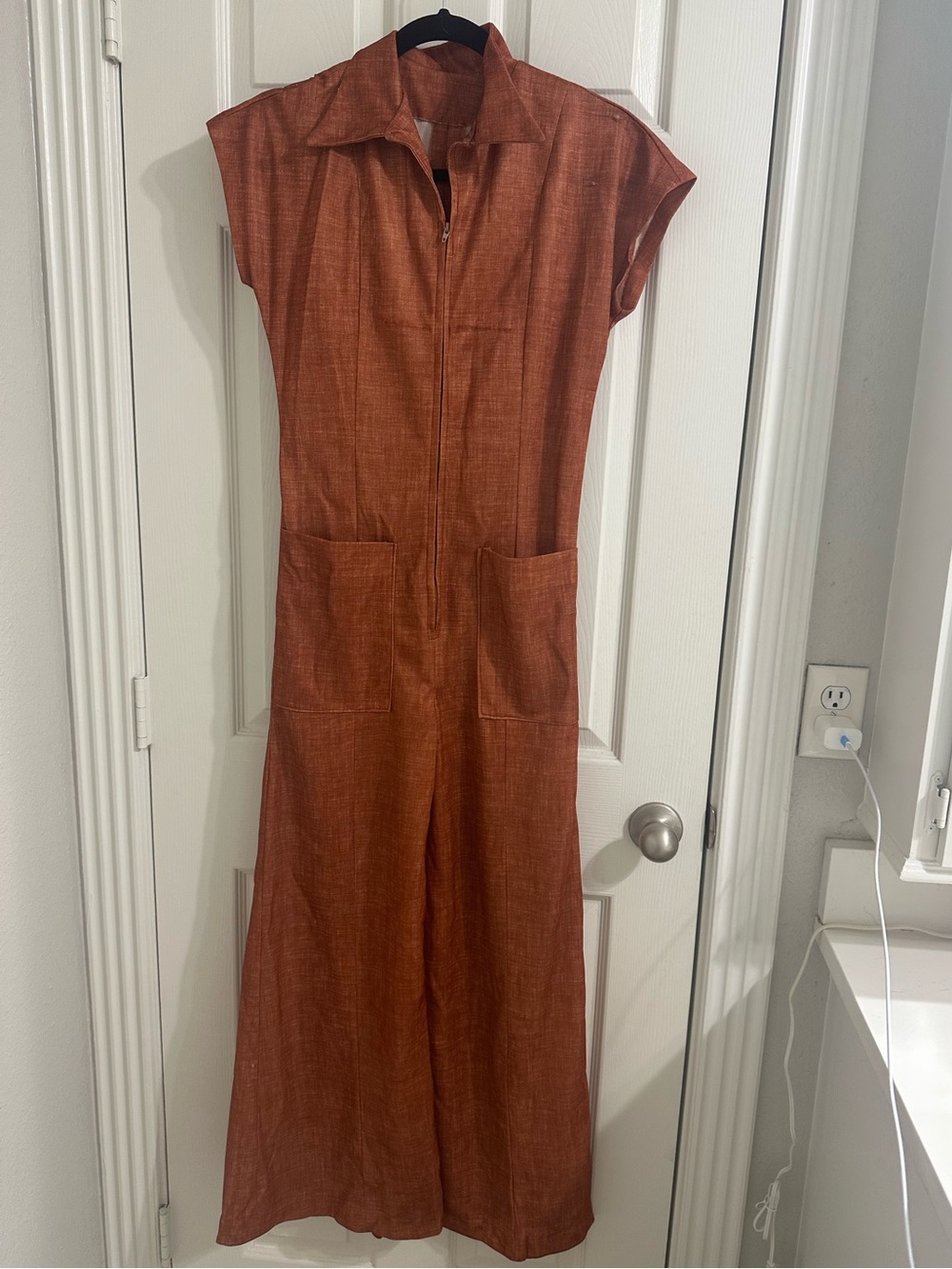 Vintage 1970’s Rust Zip-up Jumpsuit with Front Pockets and Bell Bottoms